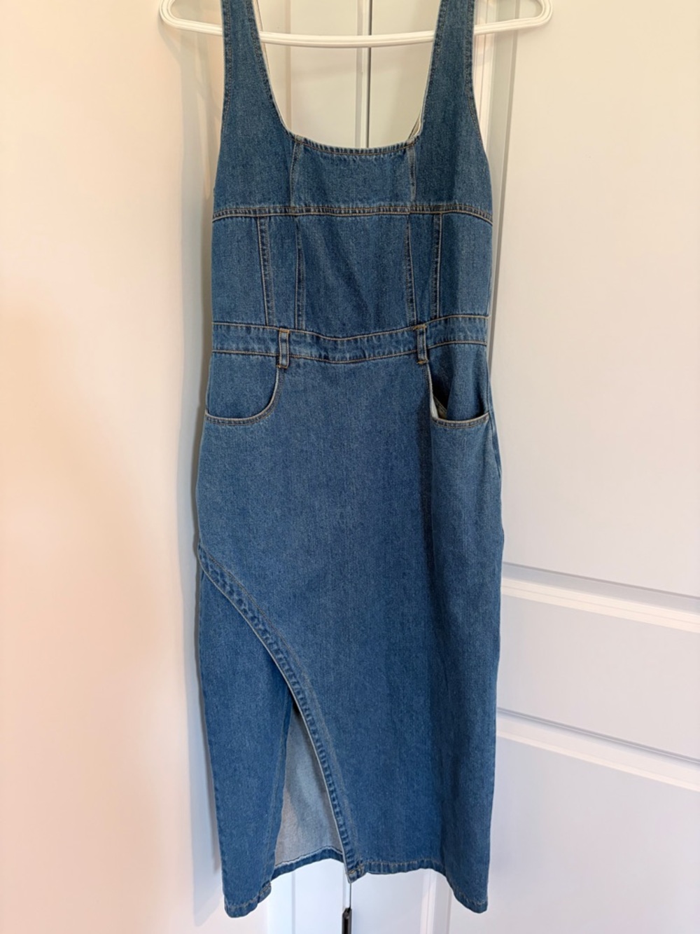 Sleeveless Blue Denim Midi Pinafore Dress